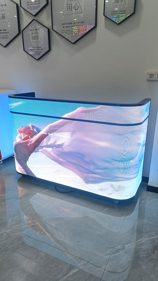 Curved LED Reception Desk Screen Indoor Flexible LED Video Wall Counter Digital Signage Front Desk Advertising Display Kiosk for Hotel Lobby Mall Salon