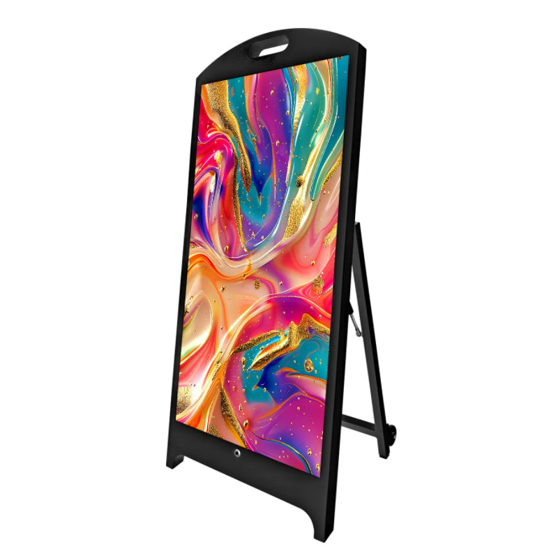 Outdoor P2.5 Battery‑Powered LED A‑Frame Poster Sign 480×960mm Wheeled Movable Digital Sidewalk Signage, Rechargeable Freestanding LED Electronic Water Sign for Storefront Street Promotion