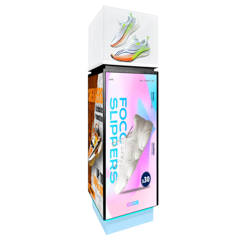 Black P1.86 Four-Sided LED Product Display Rack 320x800mm, Freestanding 360° LED Screen with Top Transparent Display Box for Shoe Boutique