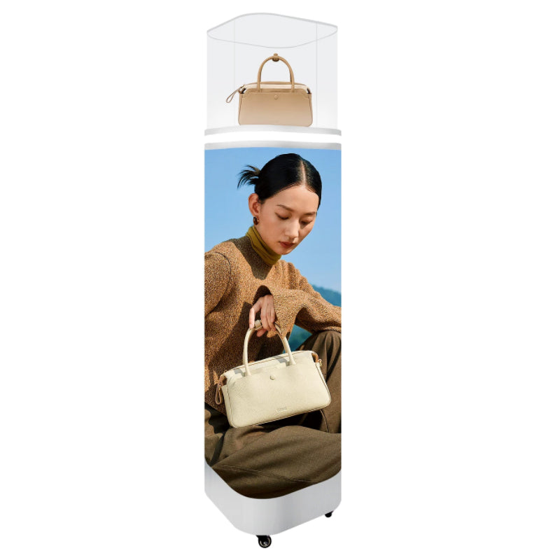 P1.86 Curved 4 Sided LED Advertising Kiosk with Top Transparent Display Cabinet, Freestanding Movable LED Product Display Stand 320x960mm for Boutique Luxury Goods