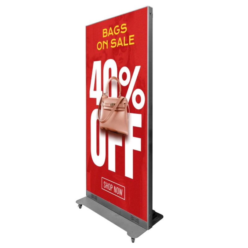 Indoor Floor Standing LED Poster Display P2.5 Movable Wheeled Vertical Digital Advertising Kiosk 960×1920mm Shopping Mall LED Poster Screen
