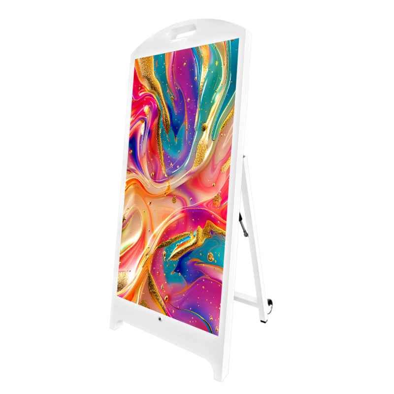 Outdoor P2.5 Battery‑Powered LED A‑Frame Poster Sign 480×960mm Wheeled Movable Digital Sidewalk Signage, Rechargeable Freestanding LED Electronic Water Sign for Storefront Street Promotion