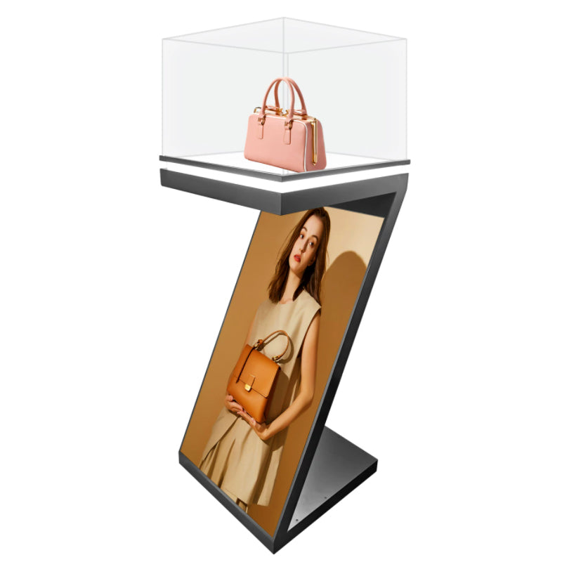 Gray P1.86 Z Type LED Advertising Display Stand 480x960mm, Vertical LED Screen Display Rack with Top Clear Acrylic Display Box for Handbags Jewelry Boutique Store