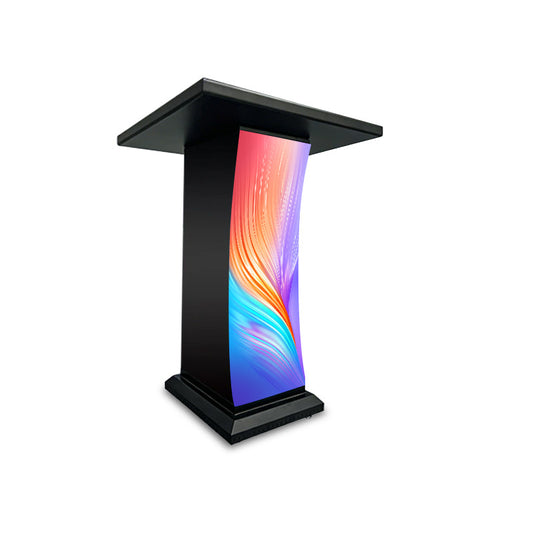 Curved Digital Podium LED Advertising Kiosk Stand Touch Screen Digital Signage Lectern for Conference Hall Mall Exhibition